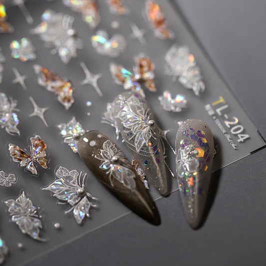 Butterfly Nail Stickers for Nail Art 5D Embossed Pearl Rhinestone Butterfly Nail Art Decals Laser Butterfly Flower Starlight Nail Designs Self Adhesive Nail Art Supplies for Women Nail Art Decoration
