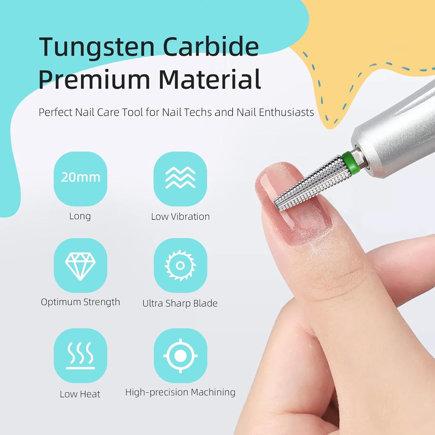 Long 5 in 1 Nail Drill Bits, 20mm Coarse Safety Tapered Nail Bit, Straight Cut Carbide Drill Bits for Nails, 3/32 Two-way, Electric Drills Removal Manicure Thick Gel