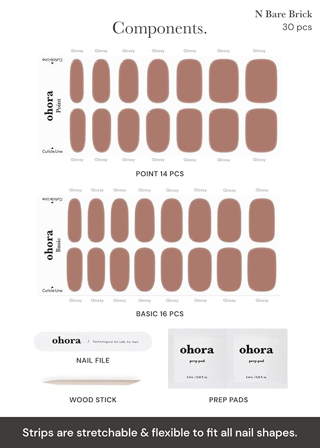 ohora Semi Cured Gel Nail Strips (N Bare Brick) - Works with Any UV/LED Lamps, Salon-Quality, Long Lasting, Easy to Apply & Remove - Includes 2 Prep Pads, Nail File & Wooden Stick