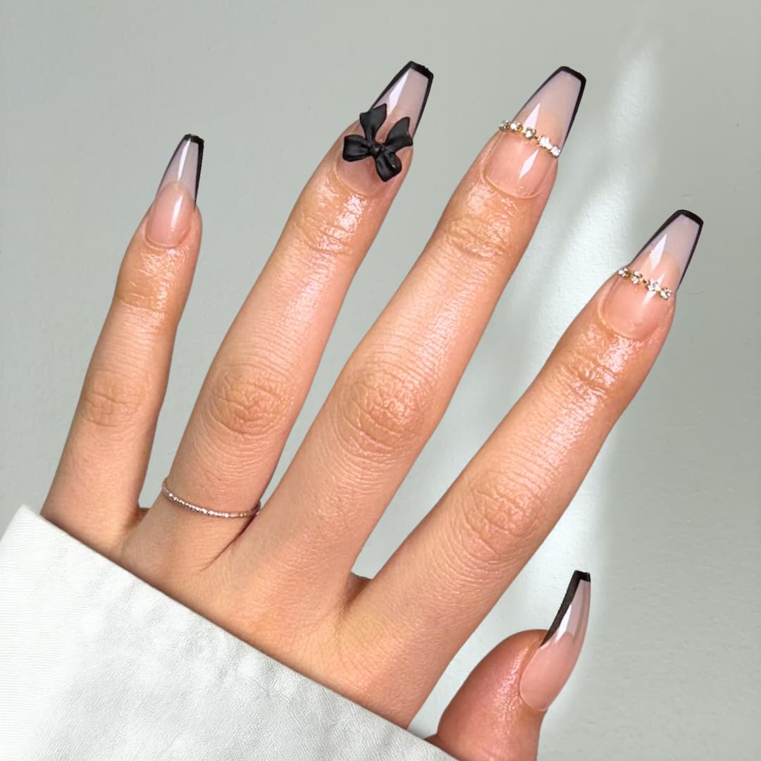 Perfect Look Press On Nails - Bow French | No Glue One-Day Long Coffin Nails, Black French Nude Nails with 3D Bow - 24 Pcs Nail Kit with Adhesive Tabs
