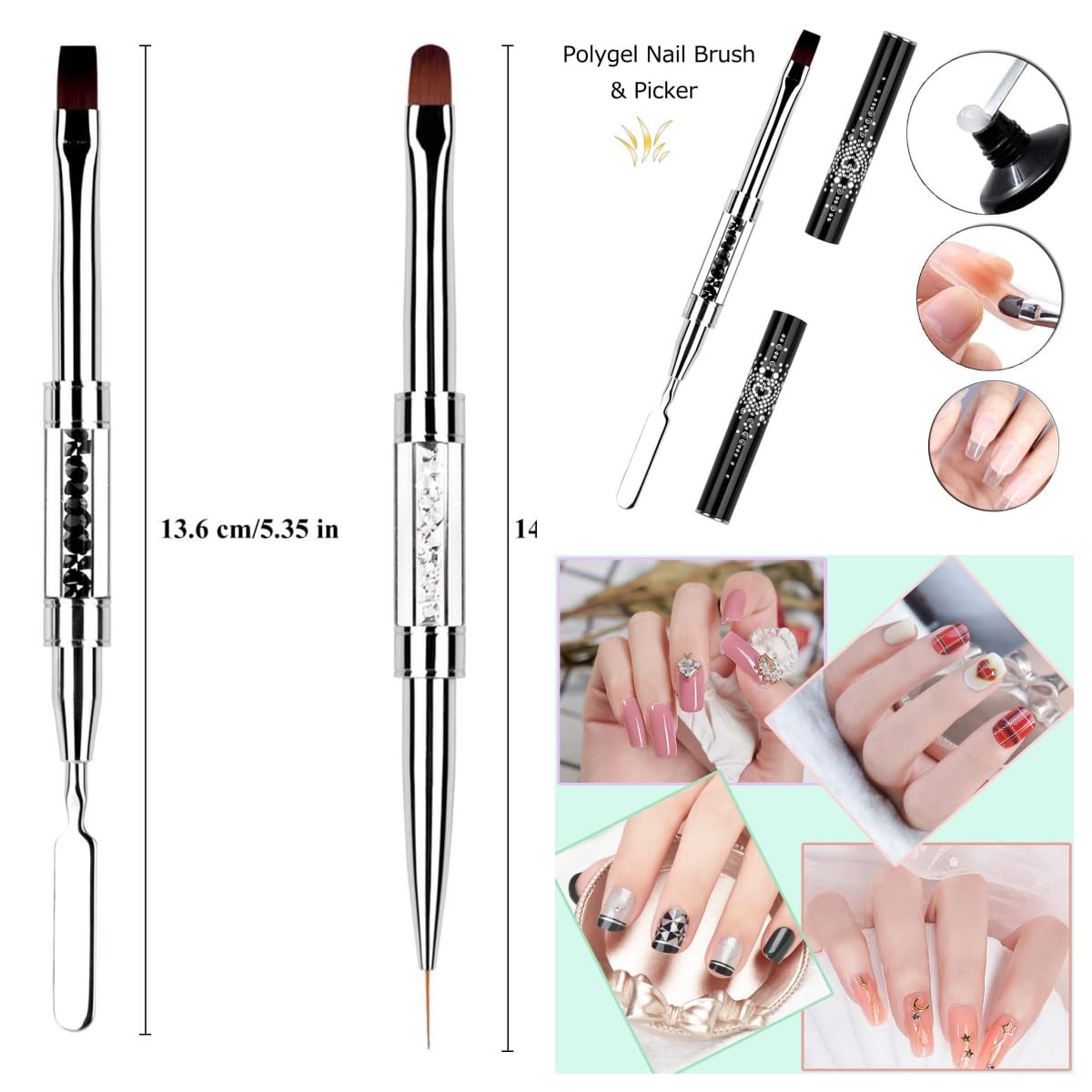 2PCS Professional Nail Art Brushes Set – Dual-Ended French Manicure &gel brush Gel Liner Brush with Rhinestone Handle,nail stamping Acrylic Nails & Home Nail Design gel brush