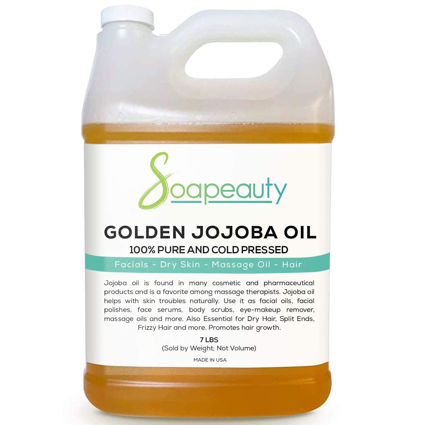 Soapeauty Golden Jojoba Oil | 100% Pure & Natural | Unrefined, Cold Pressed, Hexane Free | Moisturizing Oil for Skin, Face, Hair & Nails | 7 Lb