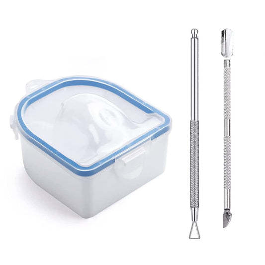 Nail Soaking Bowl, Soak Off Gel Polish Dip Powder Remover Manicure Bowl with Triangle Cuticle Peeler and Stainless Steel Cuticle Pusher Nail Art Tool (Blue-3PCS Set)