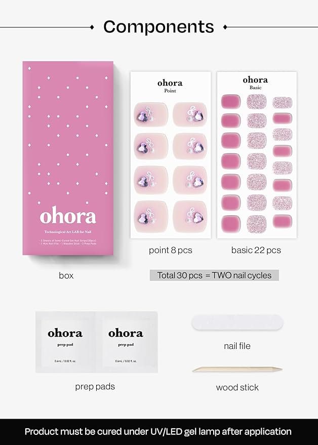 ohora Semi Cured Gel Pedi Strips (P Pink Bell) - Works with Any Lamps, Salon-Quality, Long Lasting, Easy to Apply & Remove - Includes 2 Prep Pads, Nail File & Wooden Stick