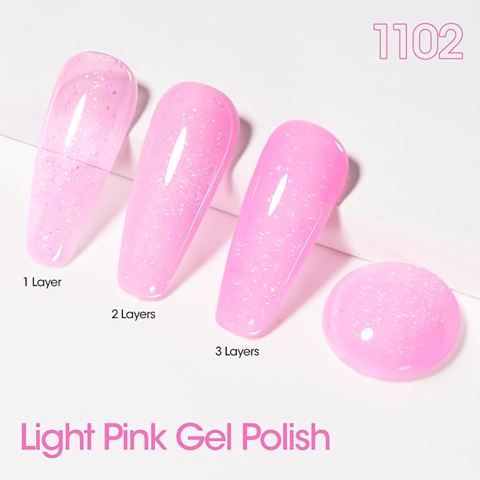 Gellen Light Pink Gel Nail Polish, 18ml Dating 1102 Glitter Pink Nail Gel Polish U V Light Cure Soak Off Gel for Spring Summer Daily Use at Home Manicure