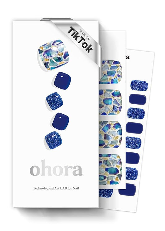 ohora Semi-Cured Gel Pedi Strips 34pcs(P Positano) - Includes 16 Solid Color, 14 Accent Wraps, 2 Prep Pads, Nail File & Wooden Stick