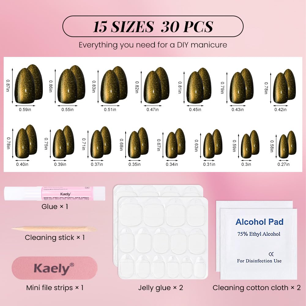 Cat Eye Press on Nails Short Almond - Dark Cherry Red Reddish Brown Shimmer Glossy Press on Nails Women Girls Gift, Soft Gel Press Glue On Nail with Glue Full Cover Reusable Acrylic Fake Nail Kit