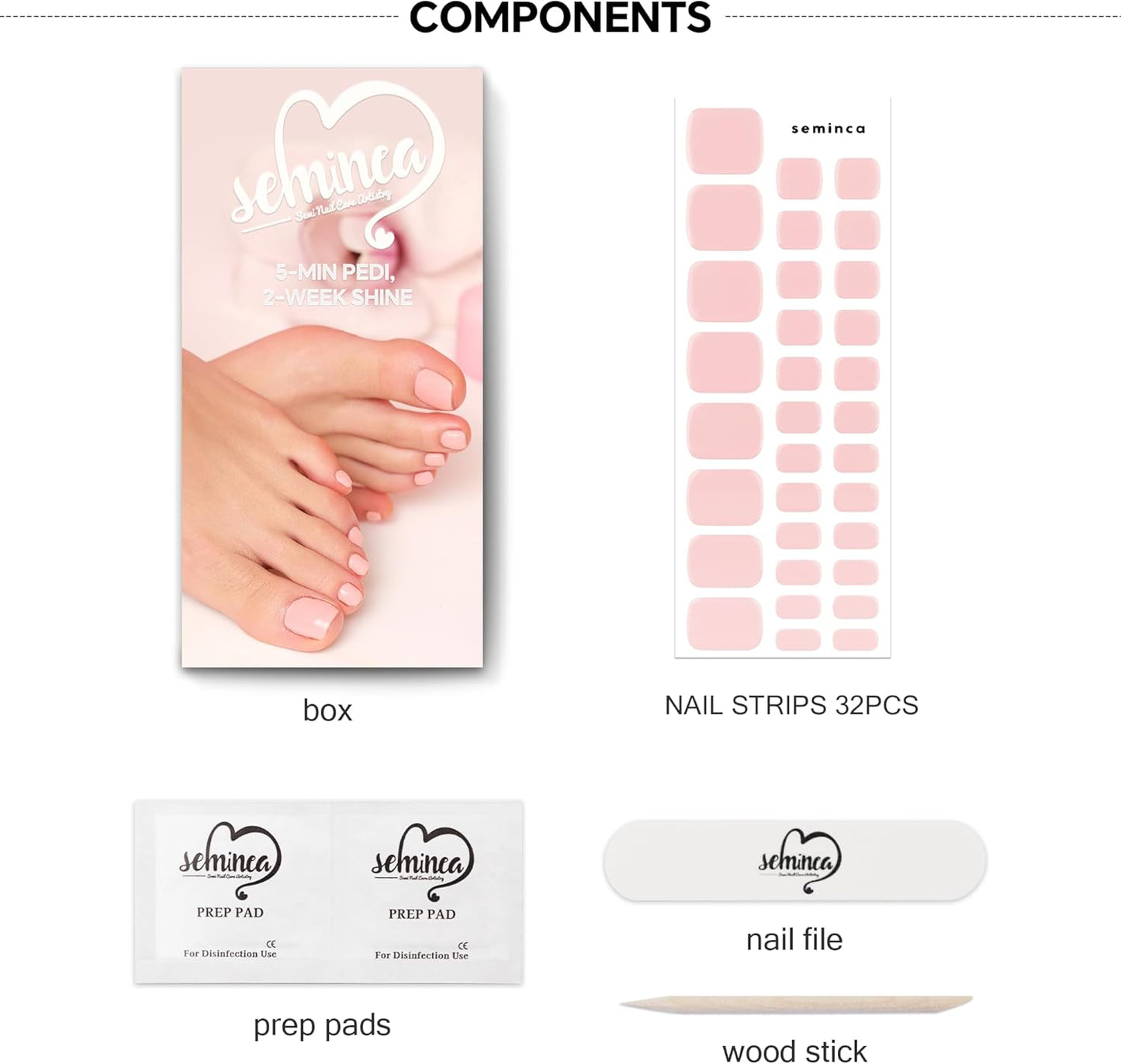 Semi Cured Gel Toe Nail Strips-32 Self-Adhesive Toe Nail Stickers Semi-Gel Polish Alternative for Feet Summer Sandal Ready Designs Works with Any UV/LED Lamps(Nude Pink.Pedicure)