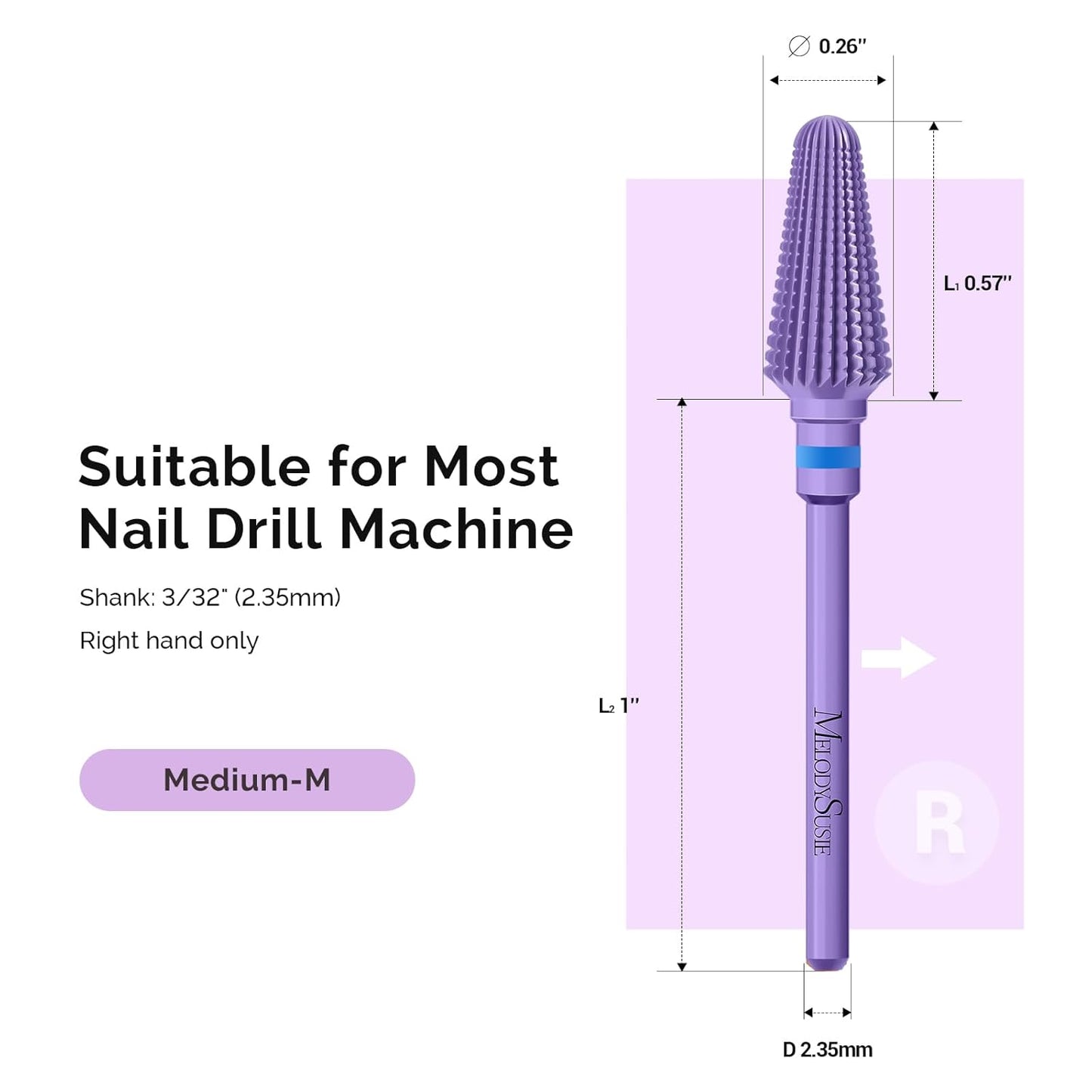 MelodySusie Professional Tornado 3/32'' Nail Drill Bits, Carbide Tungsten Multi-function Bits, Suitable for Manicure Pedicure Cuticle Gel Polishing, Salon Bits, Series Bit-X, Purple, Medium