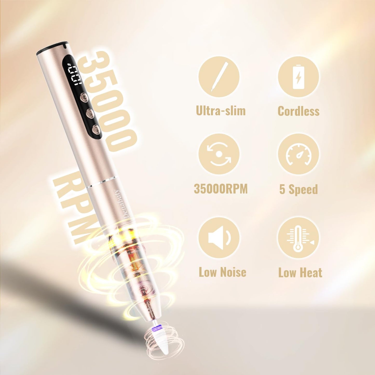 Electric Nail Drill Cordless, 35000RPM Portable Electric Nail File with LCD Display and 12 Nail Drill Bits for Acrylic & Gel Nails, Professional Manicure & Pedicure Kit Set Golden