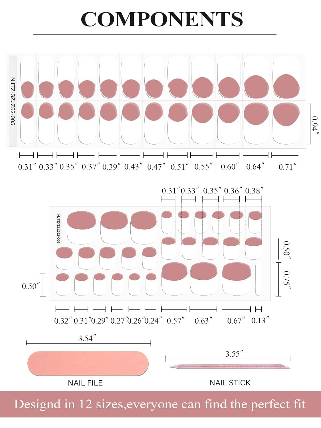 EBANKU 52Pcs Semi-Cured Gel Strips for Toes, Real Polish Sticker, Long-Lasting French Manicure Stickers, Salon Nails at Home, Requires UV Light With Nail File & Stick