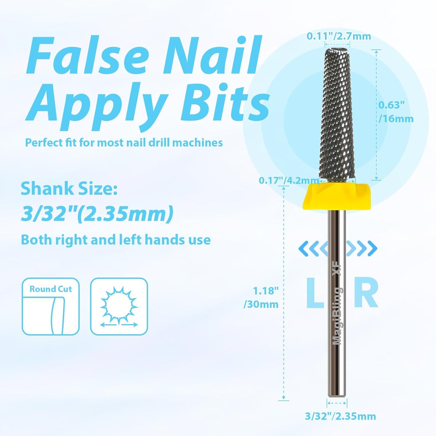 16mm 5 in 1 Nail Drill Bits for False Nail Apply, 3/32'' Tungsten Carbide Professional Bit, Slender Bit for Corners, Left & Right Hand Use, Manicure Cuticle Gel Polishing, Extra Fine.
