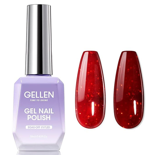 Gellen Red Glitter Gel Polish, 18ml Cherry Red Gel Nail Polish for Salon DIY, Soak off U V LED Cured Art Nail Polish, Color No.376