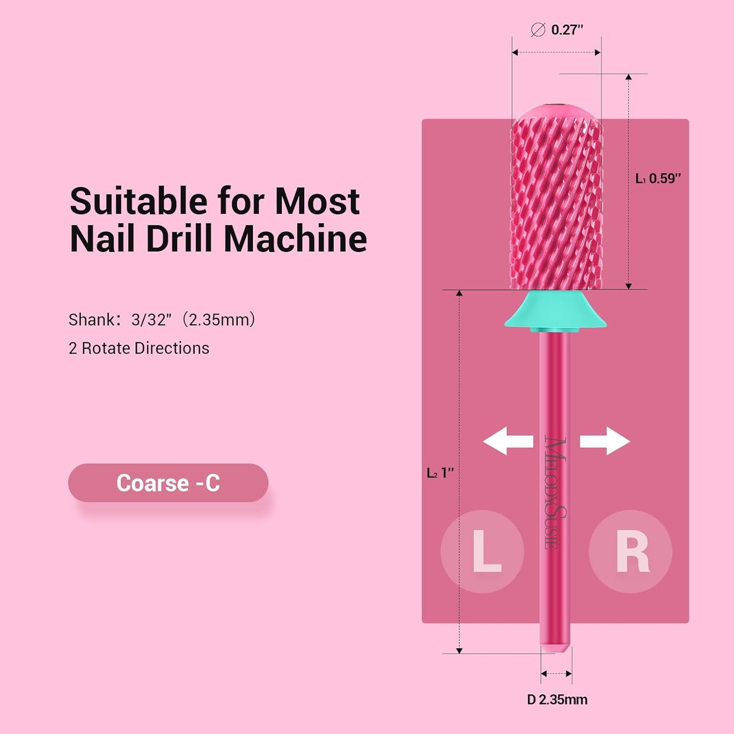 MelodySusie Safety Nail Drill Bits, 3/32'' Smooth Round Top Large Barrel Carbide Bits, Suitable for Manicure Pedicure Cuticle Gel Polishing, Beginners Bits, Pink Blossom, Series Bit-S