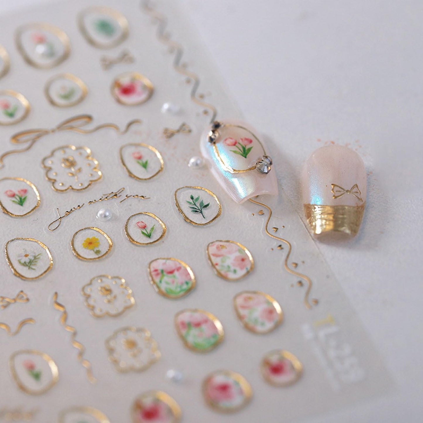 Flower Nail Art Stickers 5D Embossed Nail Stickers Tulip and Gold Hollow Nail Decals for Nails Art Designs Self-Adhesive Nail Art Supplies for Women Girls Summer DIY Manicure