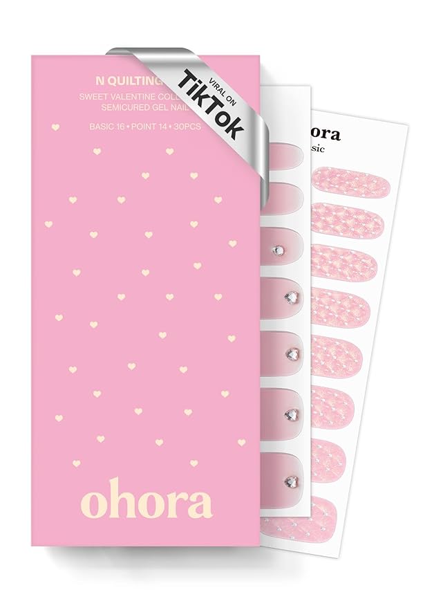 ohora Semi Cured Gel Nail Strips (N Quilting Pink) - Pink, Works with Any UV/LED Lamps, Salon-Quality, Long Lasting, Easy to Apply & Remove - Includes 2 Prep Pads, Nail File & Wooden Stick