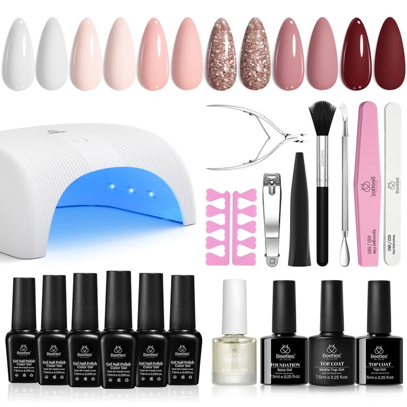 Beetles Gel Nail Polish Kit with U V Light, 6 Colors Starter Kit Pink Nude White Glitter Gel Polish with Base Gel Top Coat Cuticle Oils Nail Accessories for Girls Women Winter Christmas Gifts