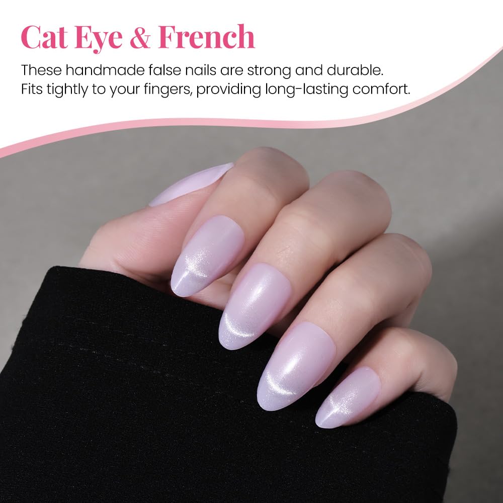 Cat Eye Press on Nails Short Almond - Light Purple Shimmer Glossy French Tip Press on Nails Gift, Soft Gel Press Glue On Nail with Nail Glue, Supremely Fit Full Cover Reusable Acrylic Fake Nails Kit