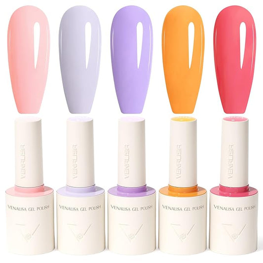 VENALISA 10 ML Gel Nail Polish Set with DIY Nail tips Kit, 5 Pcs Pink Purple Orange Gel Polish Color High Gloss Soak Off U V Nail Manicure Salon DIY