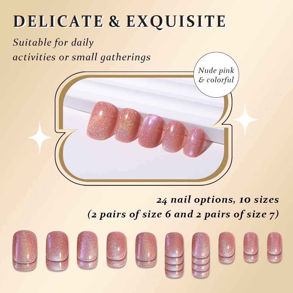 evpct Ndue Pink Cat Eye Short Press on Nails Square, Short Square Glue on Nails for Women Gift, Iridescent Colorful Metallic Glitter Glossy Reusable Stick Gel Press on Acrylic Fake Nail with Design