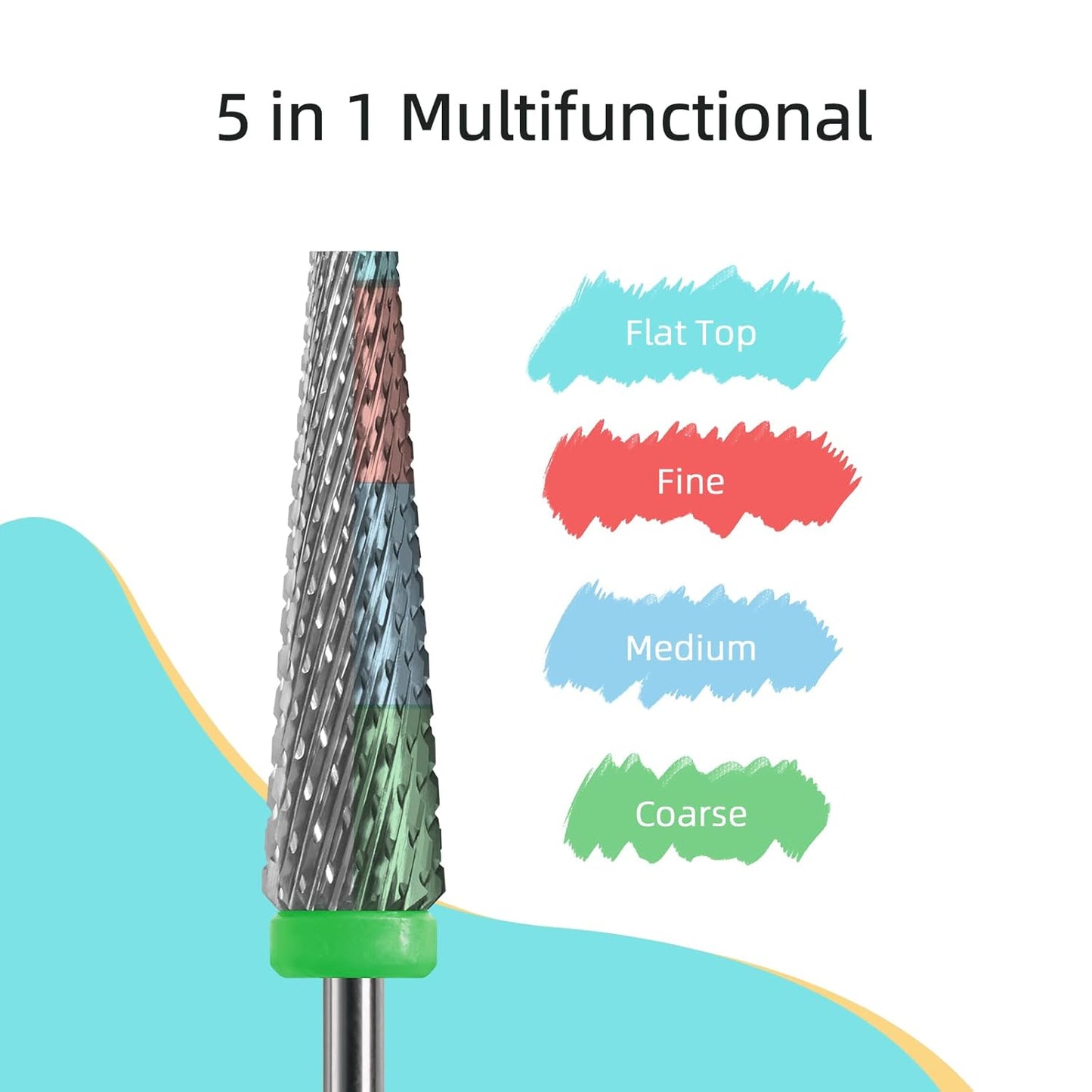 5 in 1 Nail Drill Bits, 24mm Flat Top Tapered Professional Tungsten Carbide Bit for Gel Polish & Acrylic Removal, Electric File Manicure Drills Accessories Tool,C