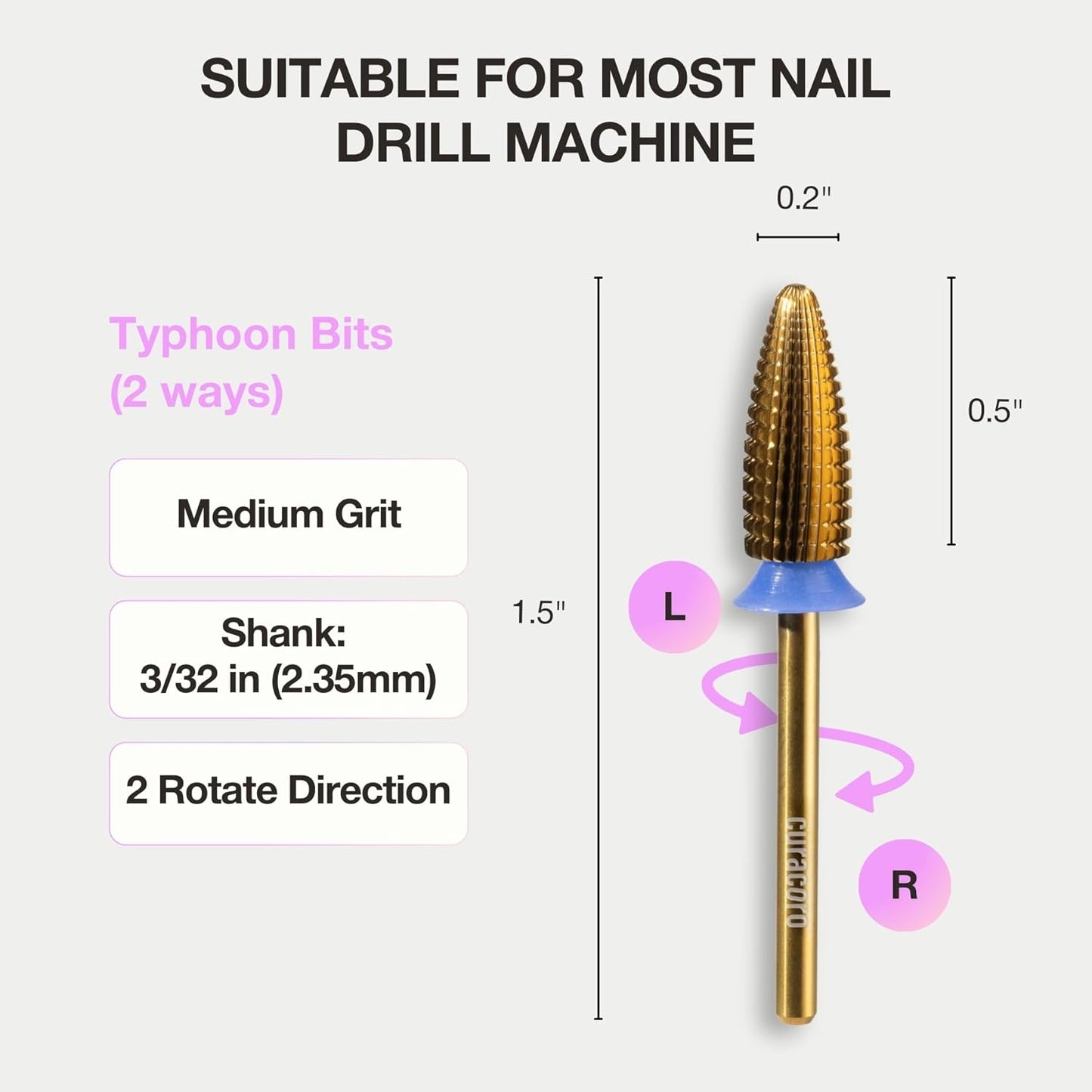 Curacoro Nail Drill Bits 3/32'' - Typhoon Bits, 2 Way, Carbide Bit (Medium) for Professional Finish, Fast Remove, Refine & Smooth Acrylic or Gel Nails, Precise & Easy Control, Nail Art Salon & Home