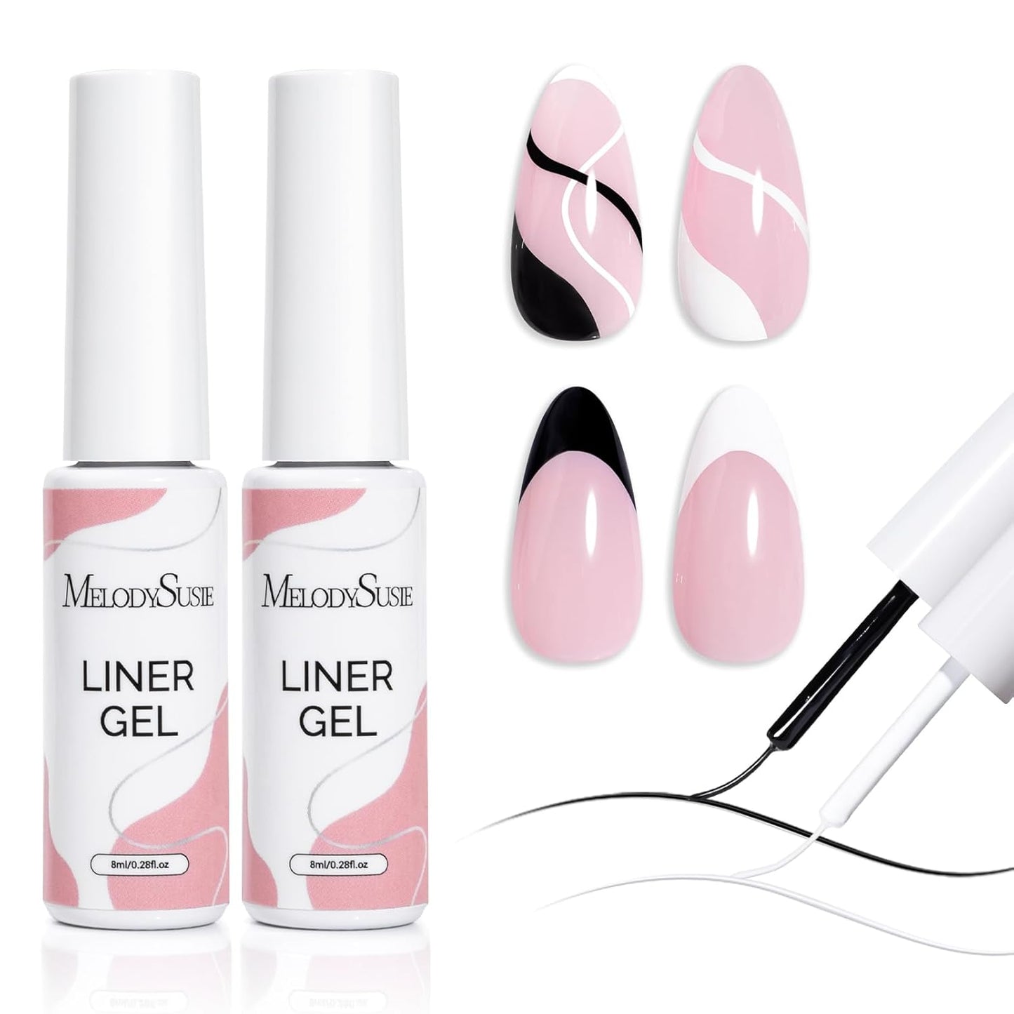MelodySusie 2Pcs Gel Liner Nail Art Polish,for Line and Patterns of Painting,French Nail Tips,DIY Manicure Pedicure for Home DIY Salon Use 8ML White and Black