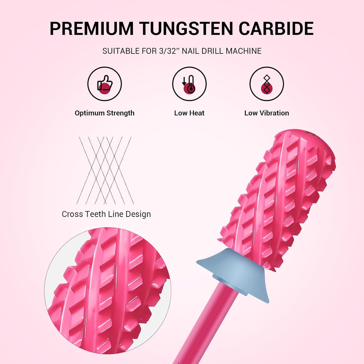 MelodySusie Safety Nail Drill Bits, 3/32'' Smooth Round Top Large Barrel Carbide Bits, Suitable for Manicure Pedicure Cuticle Gel Polishing, Beginners Bits, Pink Blossom, Series Bit-S, 4XC