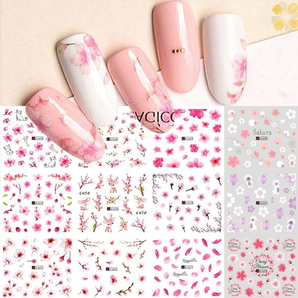 Pink Flowers Nail Stickers Pink Cherry Blossoms Decals with Tree Leaves and Animal Nail Art Sliders for Nail Art Decoration Watermark Designs Foil Nail Art Decals Manicure Tips Decorations (2 Pink)