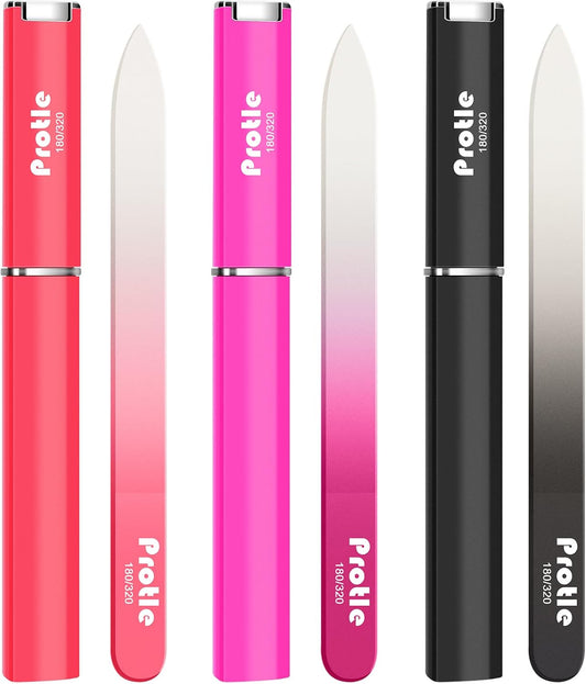 Glass Nail Files for Natural Nails,3Pack Double Sided 180/320 Crystal Nail Filer with Case,Professional Fingernail Files for Women Girls Gifts (Dark Color)