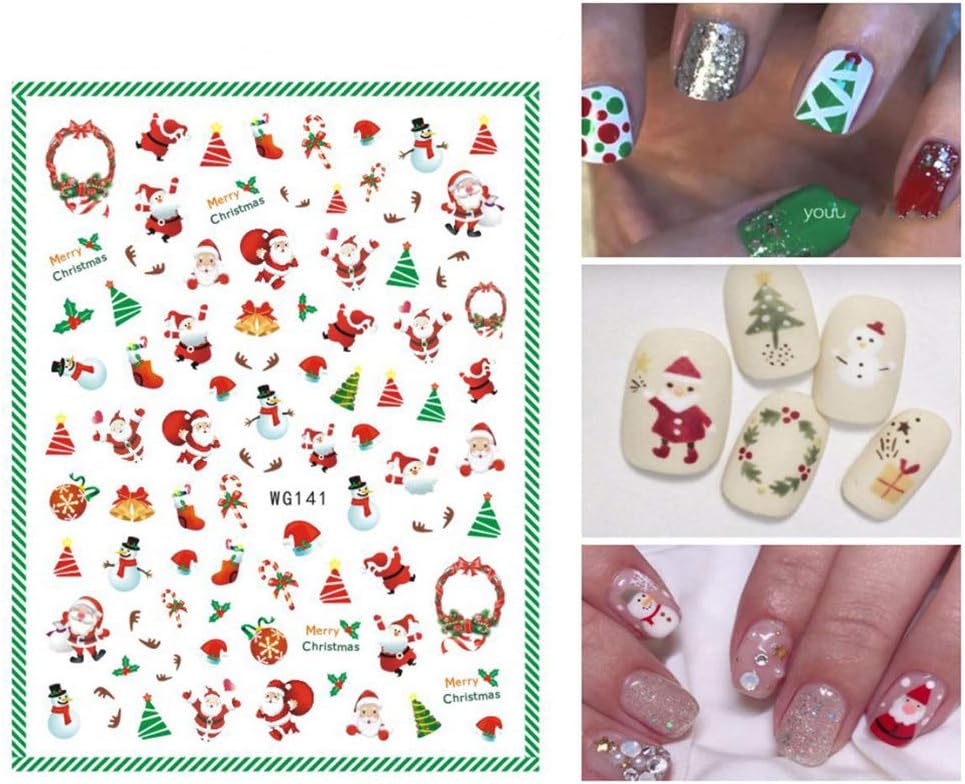 6 Sheets Christmas Nail Art Stickers 3D Snowflake Self-Adhesive Nail Decals Tree Bell Santa Claus Elk Sock Designs Sticker Xmas Winter Nails Supplies for Fingernails & toenail Charms Nail Art Decor