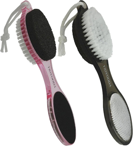 Foot File Callus Remover 4-in-1, 2 Pcs Feet Scraper Pedicure Tools with Pumice Stone, Scrubber Brush, Foot Rasp and Sand Paper, Double Sided Multi Purpose, Clear Black and Pink