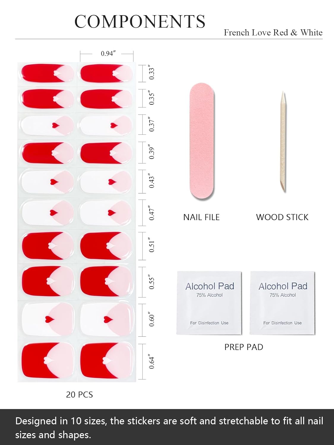 Semi Cured Gel Nail Strips (French Love Red & White)