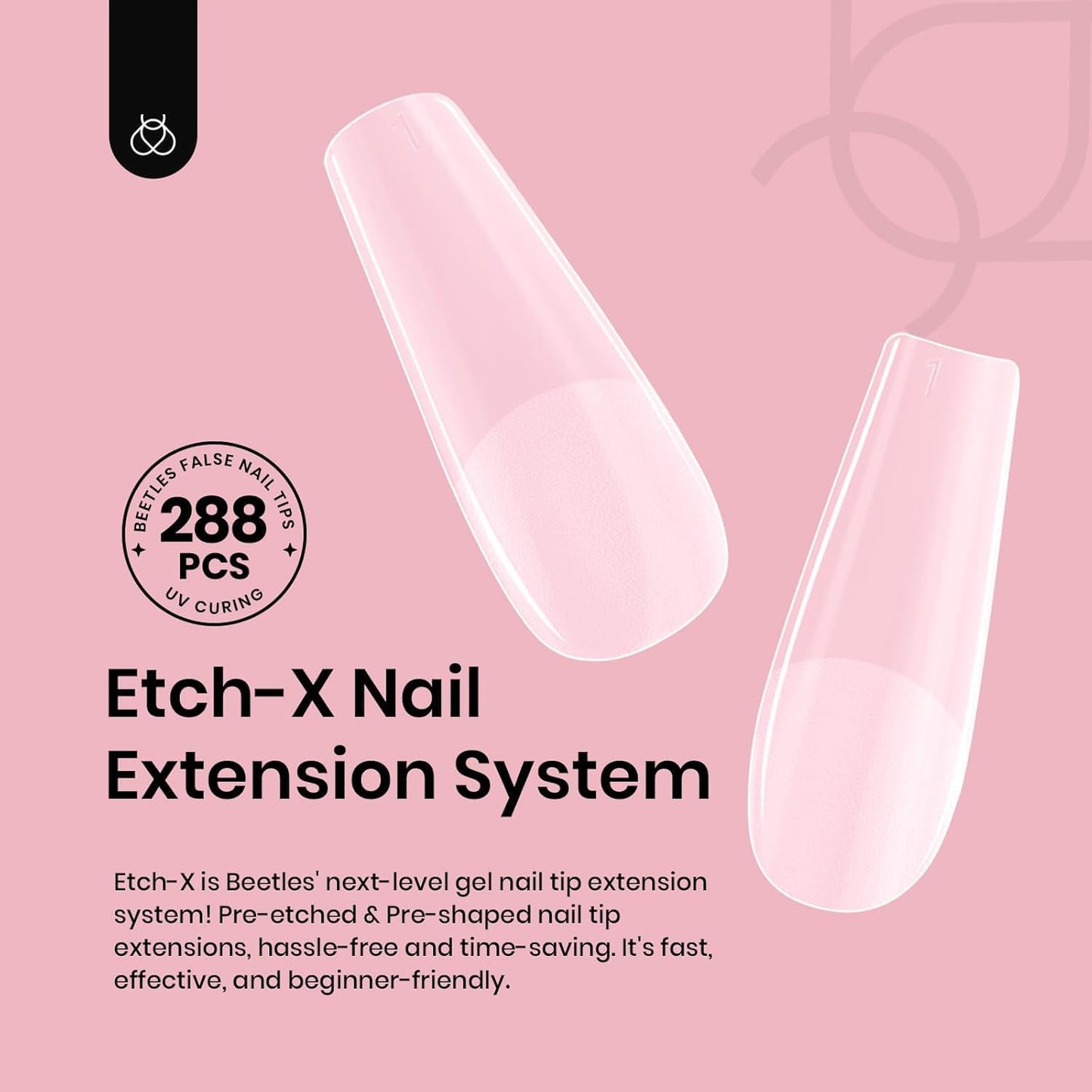 Beetles Gel Nail Tips Etch-X, Square Medium, 288Pcs 12 Sizes, Pre-Etched Half Matte Soft Acrylic False Nail Tips Full Cover Easy DIY Fake Press On Fall Nail Extension Salon Gift for Women