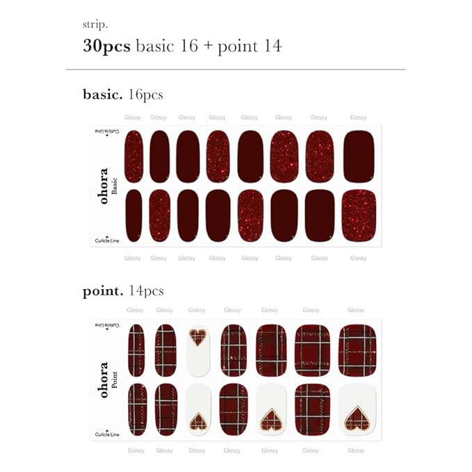 ohora Semi Cured Gel Nail Strips (N Tartan Bustier) - Red, Patterned, Works with Any UV/LED Lamps, Salon-Quality, Long Lasting, Easy to Apply & Remove - Includes 2 Prep Pads, Nail File & Wooden Stick
