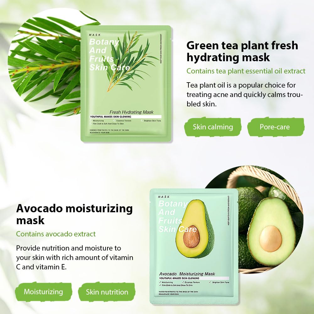 6 PCS Real Hydrating Avocado Honey Orange Aloe Vera Nature Face Masks Skincare, Hyaluronic Acid, Vitamin C and E, Chamomile, Korean Beauty Essence Facial Paper Sheet Mask for Skin Care Moisturizing