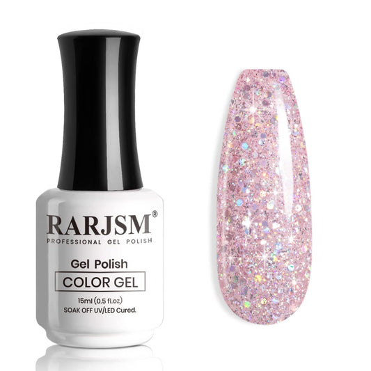 RARJSM Nude Pink Glitter Gel Nail Polish Chunky Iridescent Glitter Gelpolish 15ml Shimmer Holographic Rainbow Effect Soak off L e d U V Curing Required High Pigments for Home Manicure Nail Art
