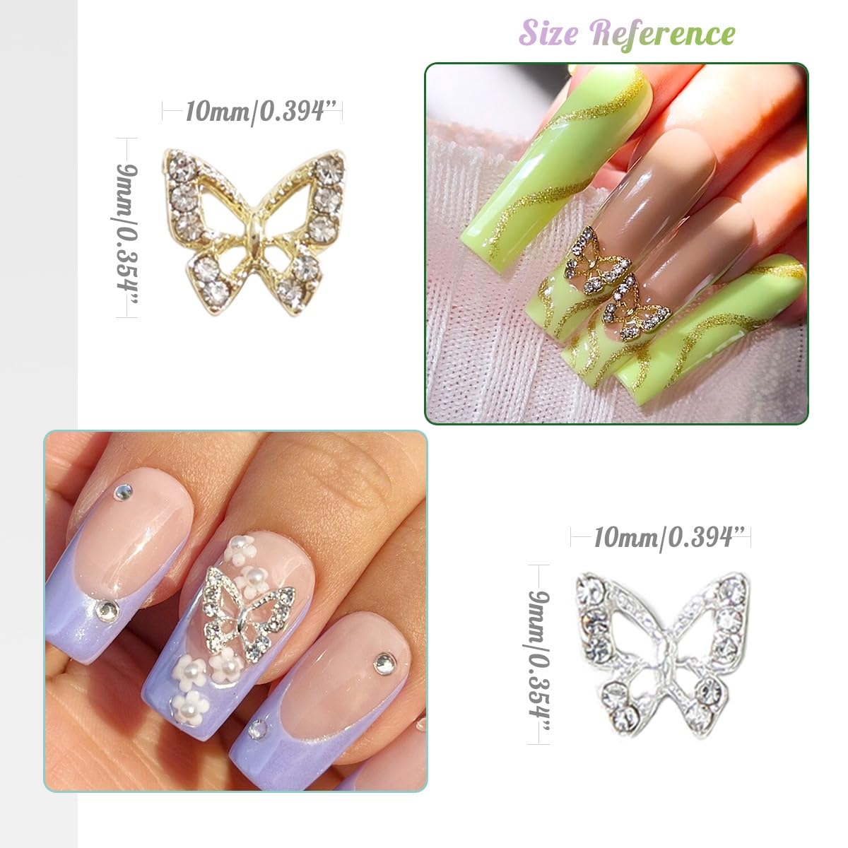 48pcs Butterfly Nail Charms Bulk 3D Golden Silver Butterflies Charms for Acrylic Nails, Nail Rhinestones Charms Alloy Studs Nail Art Jewels Diamonds Gems Decor Supplies for Nails Face Makeup