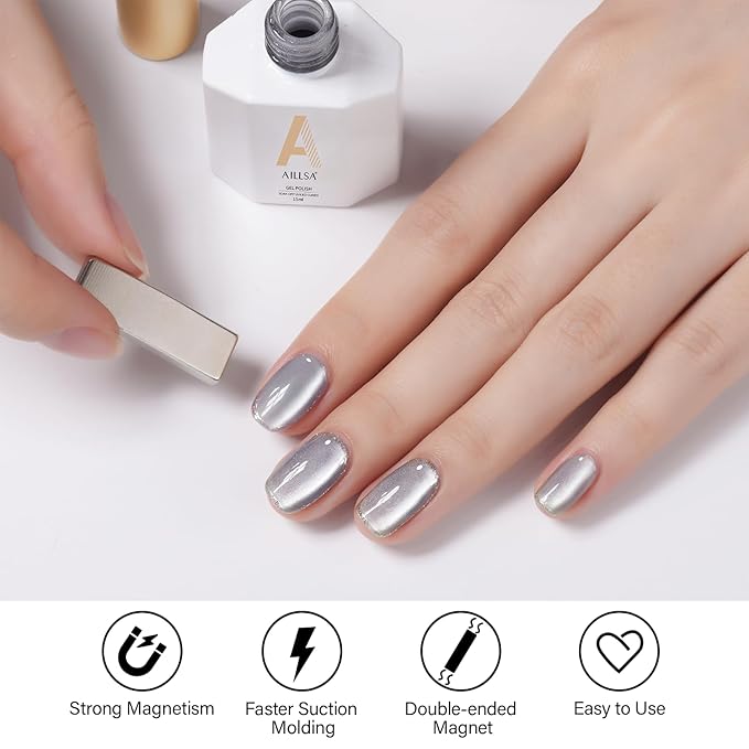 AILLSA Silver Cat Eye Gel Nail Polish Gray Glitter Crystal Polish with Magnet, Shimmer Clear Sparkle Nail Polish Reflective Translucent Jelly Color U V Gel Salon DIY at Home 0.5 OZ GF18