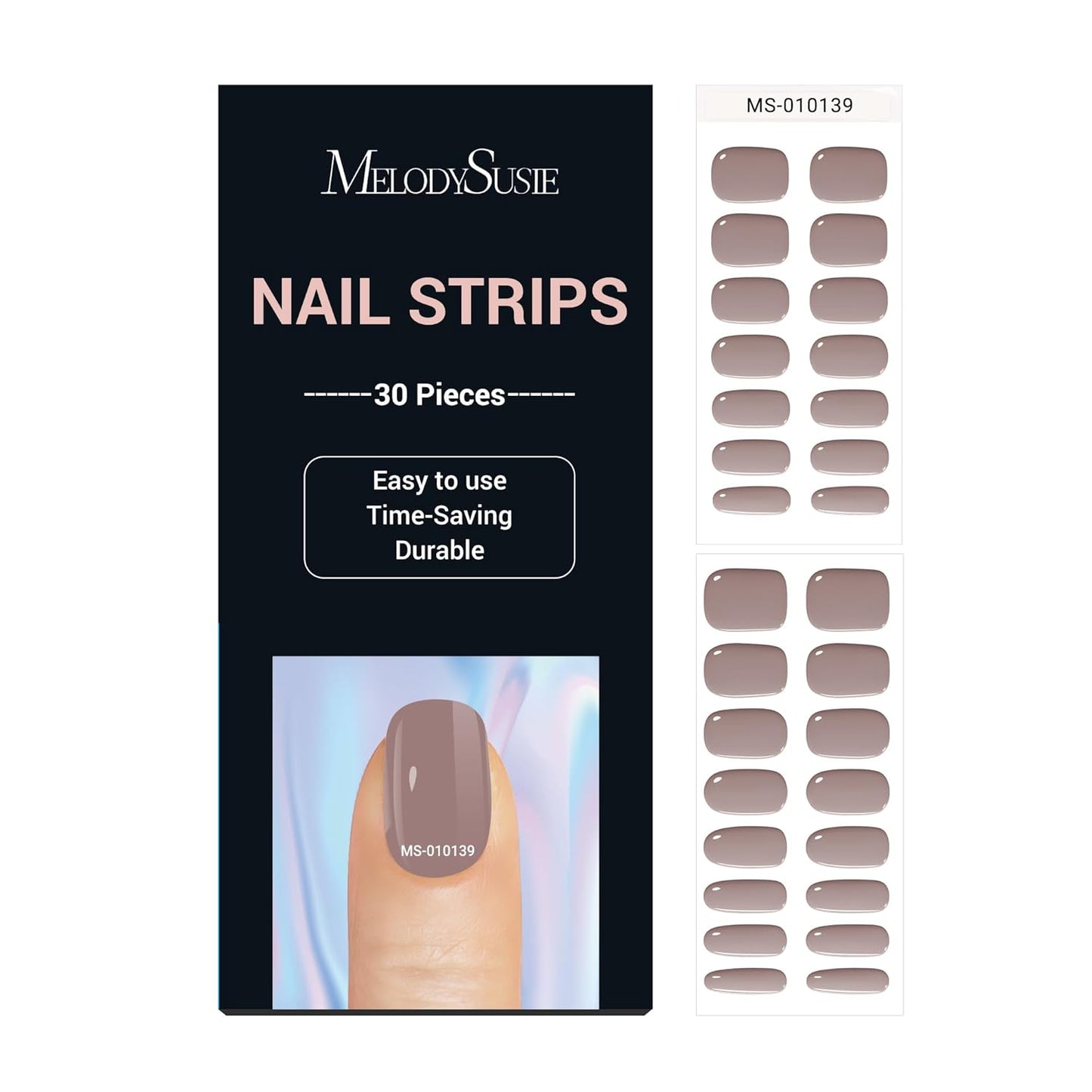 MelodySusie 30PCS Semi Cured Gel Nail Strips, Crystal Brown, Works with Any Nail Lamps, Salon Quality, Long Lasting, Easy to Apply, Includes 2 Prep Pads, Nail File and Wooden Stick