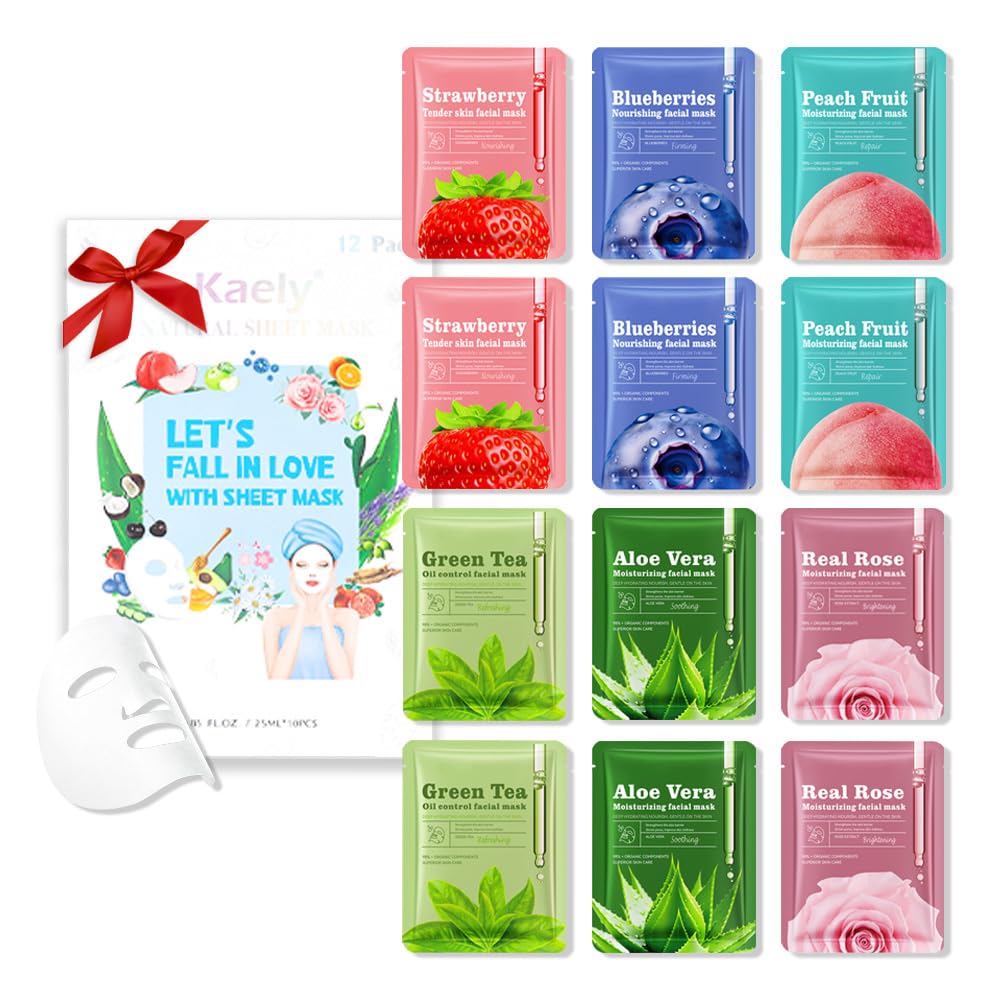 Face Sheet Mask Skincare,Hydrating Spa Face Mask For Sensitive Skin,Moisturize,Nourish for All Skin Types,Natural Skin Care Spa Face Mask for Women Men Girls,Pack of 12