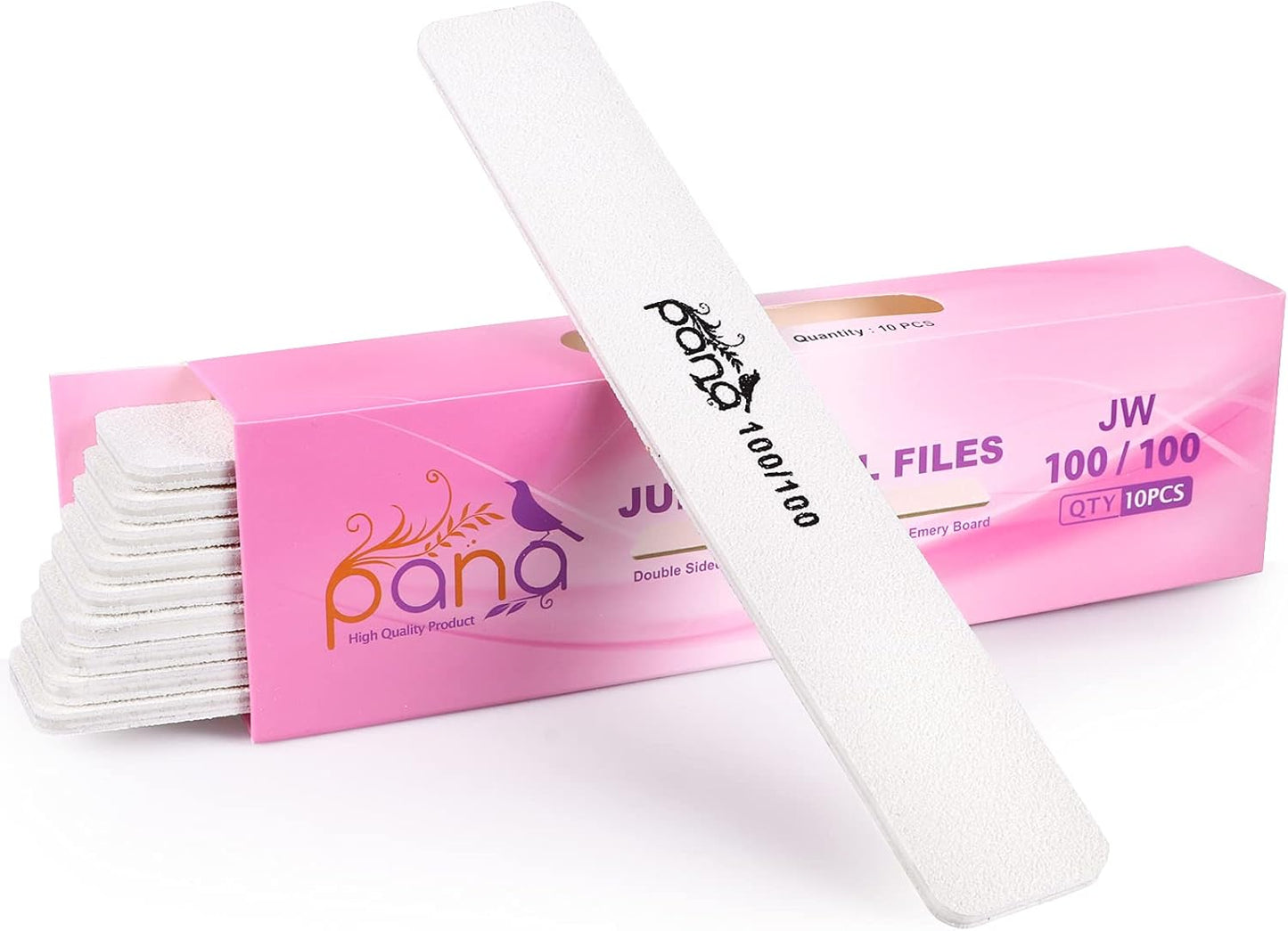 10PCS Jumbo Size PANA Professional Double Sided Nail Files - White, 100/100 Grit - Emery Board Nail Buffering File Manicure Pedicure Nail Polisher Washable