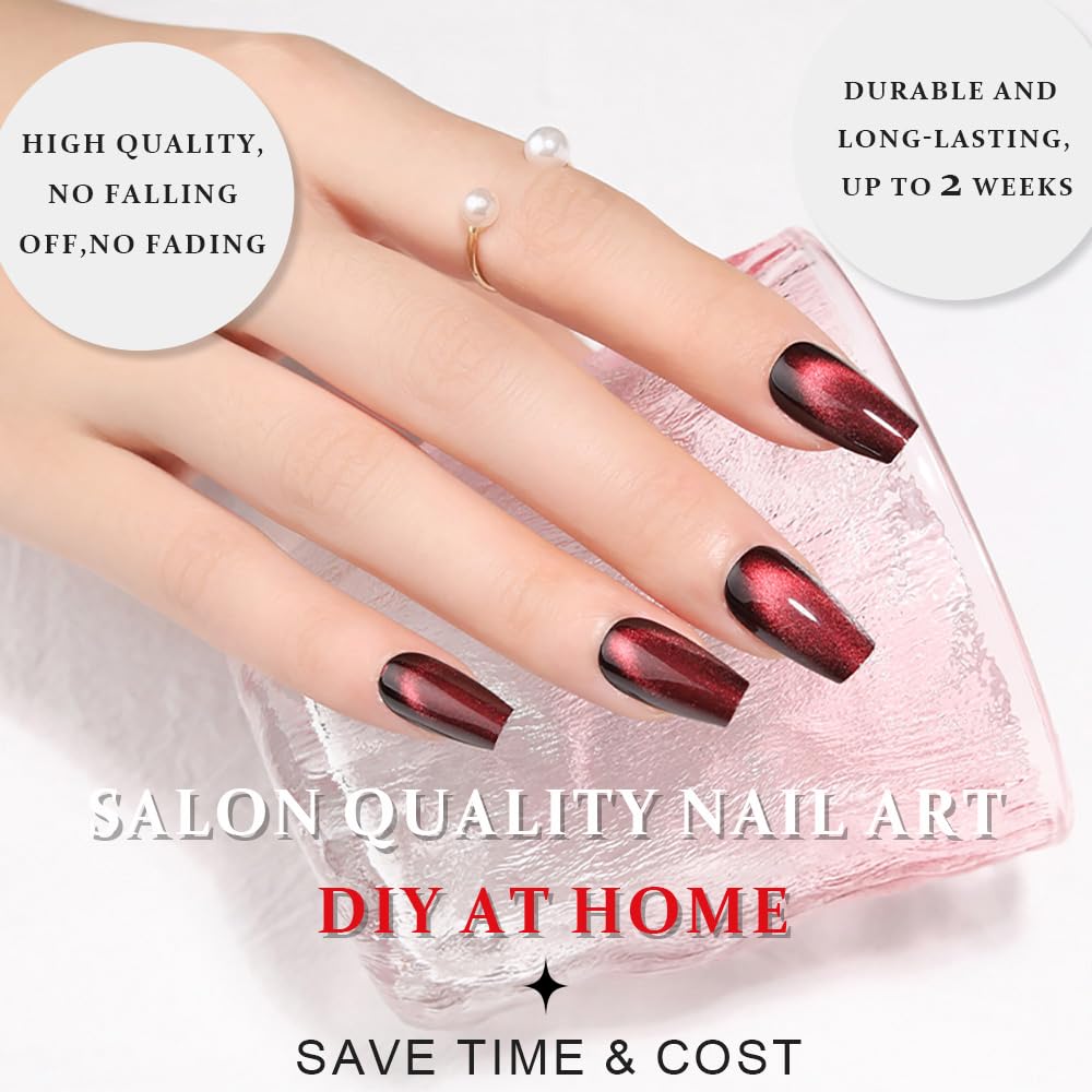 evpct Deep Burgundy Red Cat Eye Press on Nails Square Medium Coffin, Medium Square Glue on Nails for Women Gift, Dark Red Metallic Glitter Glossy Reusable Spring Summer Gel Press on Acrylic Fake Nail