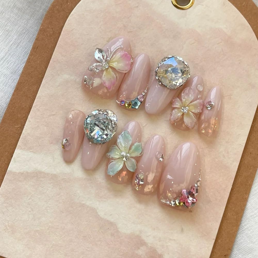 Iridescent Flower Nail Art Stickers, 4 Sheets Crystal Shell Design, Jelly Flowers Decals for Summer Manicure