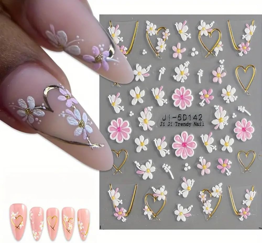 3Pcs Flower Nail Art Stickers Decals 5D Pink Flowers Nail Stickers Spring Relief Blue Butterfly Design Nails Art Decals for Decorations Flower Stickers for Nails Manicure Sliders for Women