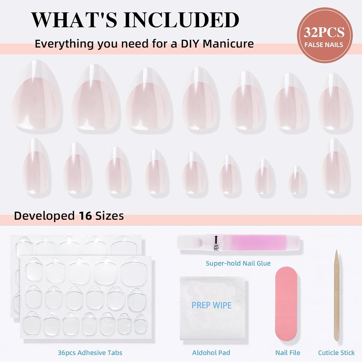 French Tip Press on Nails, Short White Press on Nails Almond Reusable Glossy Laser White Nails Soft Gel False Nails Press ons for Women, 16 Sizes 32 Count Nails Kit with Glue (SV-04)