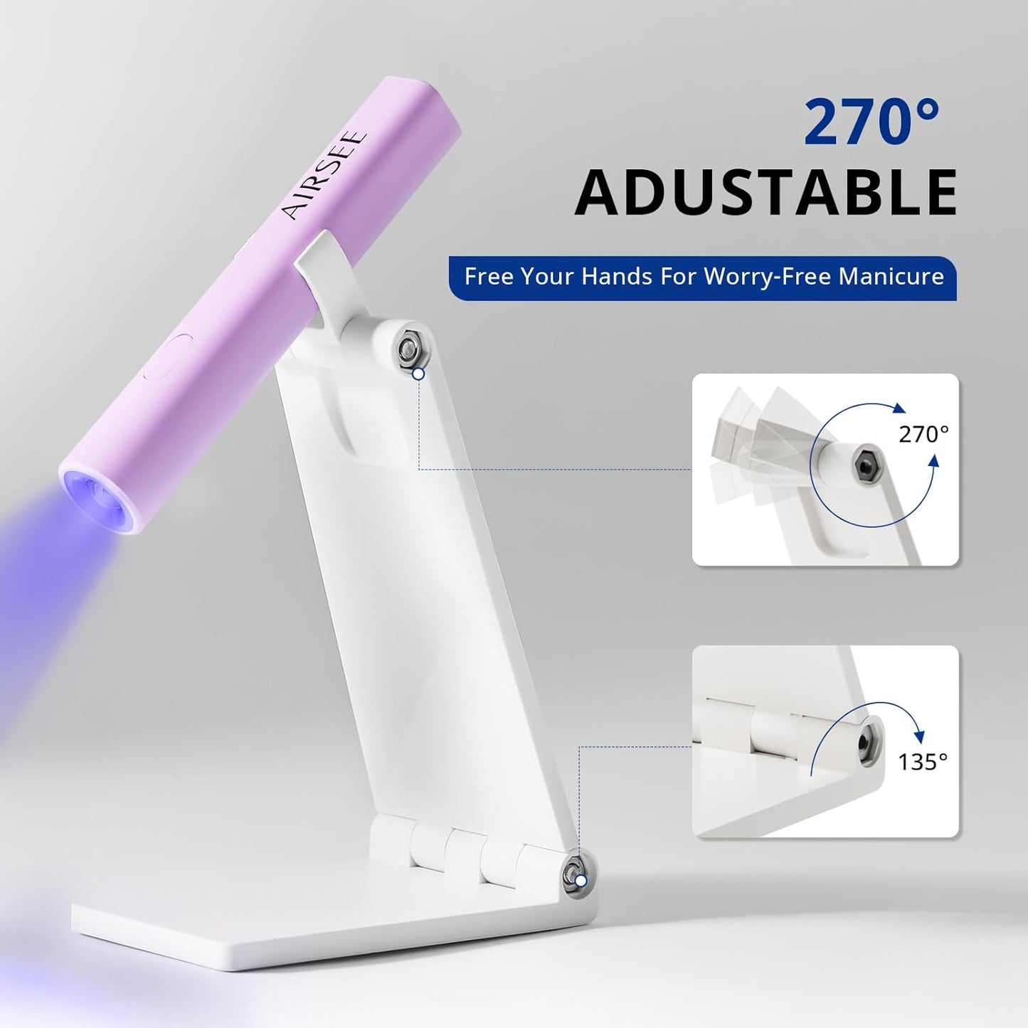 AIRSEE Mini Handheld UV Light with Stand,Portable Rechargeable Nail Lamps,2 Timers for Fast Nail Extension,Rhinestone Glue Decoration,Gel Strips at Home,Travel(Purple)