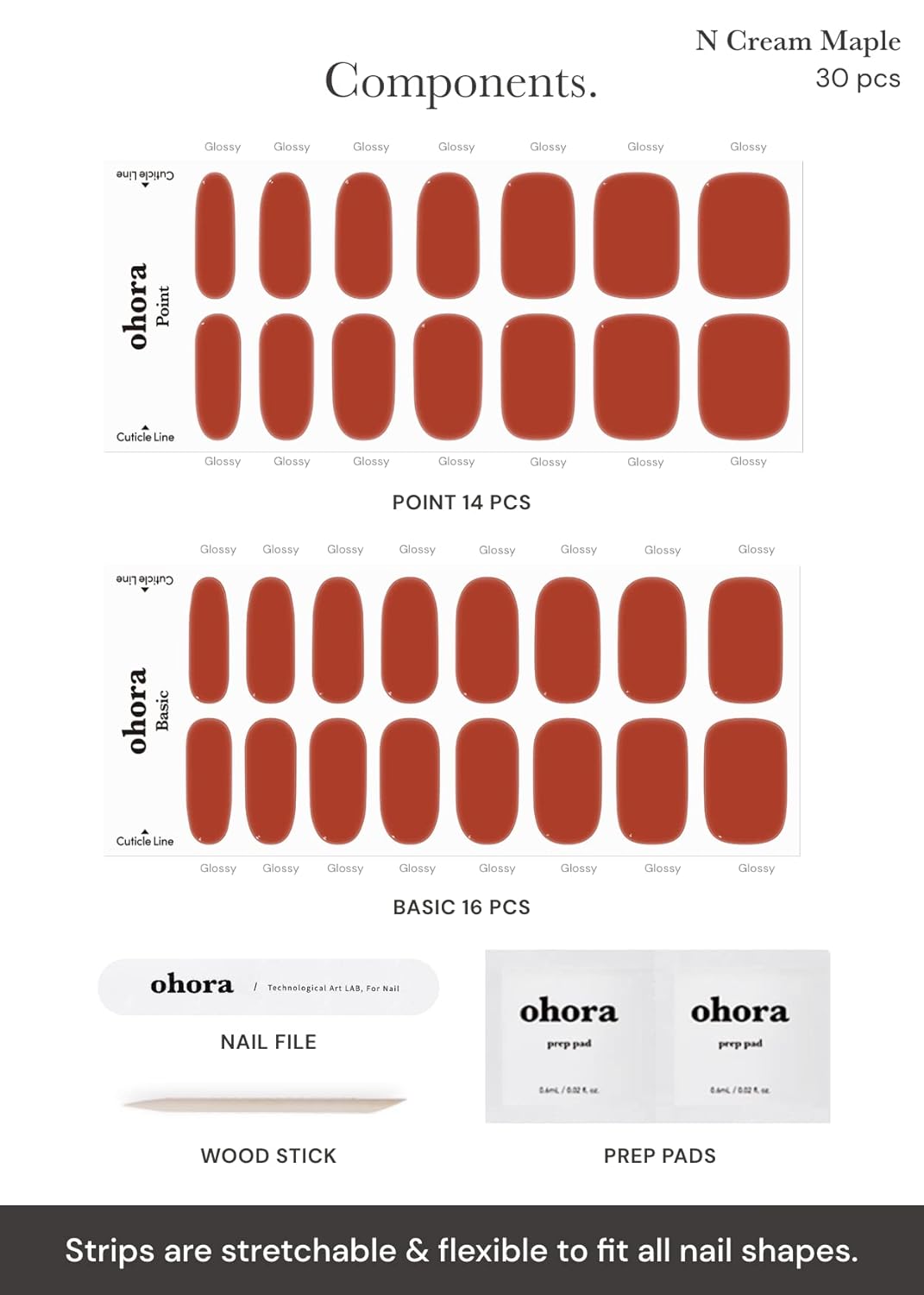 ohora Semi Cured Gel Nail Strips (N Cream Maple) - Red, Solid, Works with Any UV/LED Lamps, Salon-Quality, Long Lasting, Easy to Apply & Remove - Includes 2 Prep Pads, Nail File & Wooden Stick
