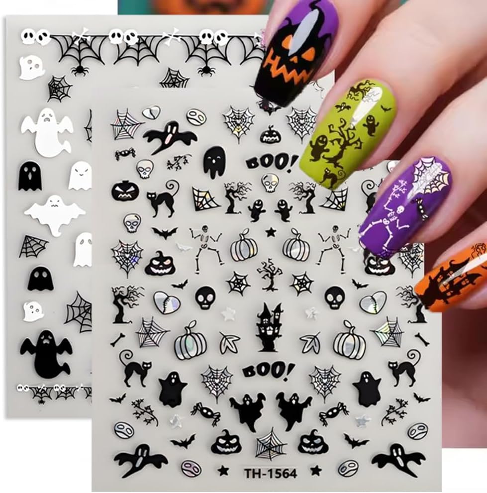 Halloween Nail Art Stickers Decals 3D Sparkly Ghost Pumpkin Self-Adhesive Nail Decals Nail Art Supplies 6PCS Spider Web Spider Black Cat Skull Bat Halloween Nails Design Transfer Sliders for Women