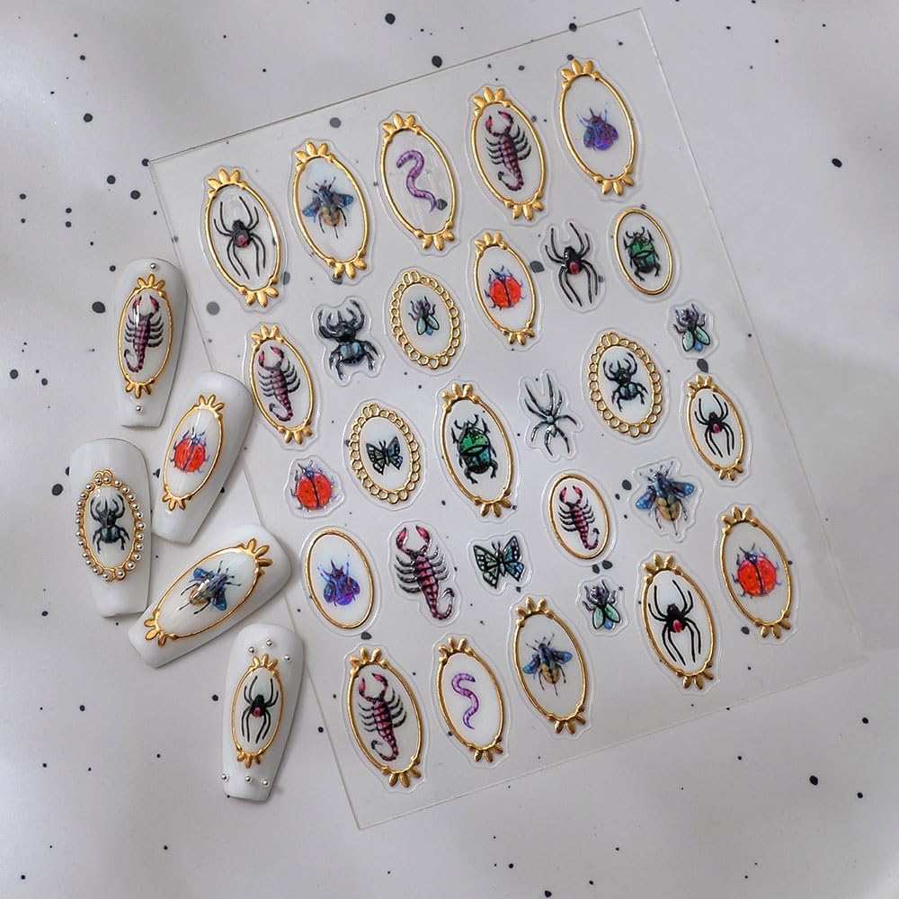 2 Sheets Nail Stickers for Nail Art, Spring Summer 5D Embossed Insect Nail Decals Centipede Spider Butterfly Golden Edge Design Self-Adhesive Nail Supplies Nail Art Accessories
